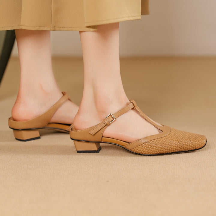 Women’s Square Toe T-Bar Sandals – Textured Upper with Block Heel