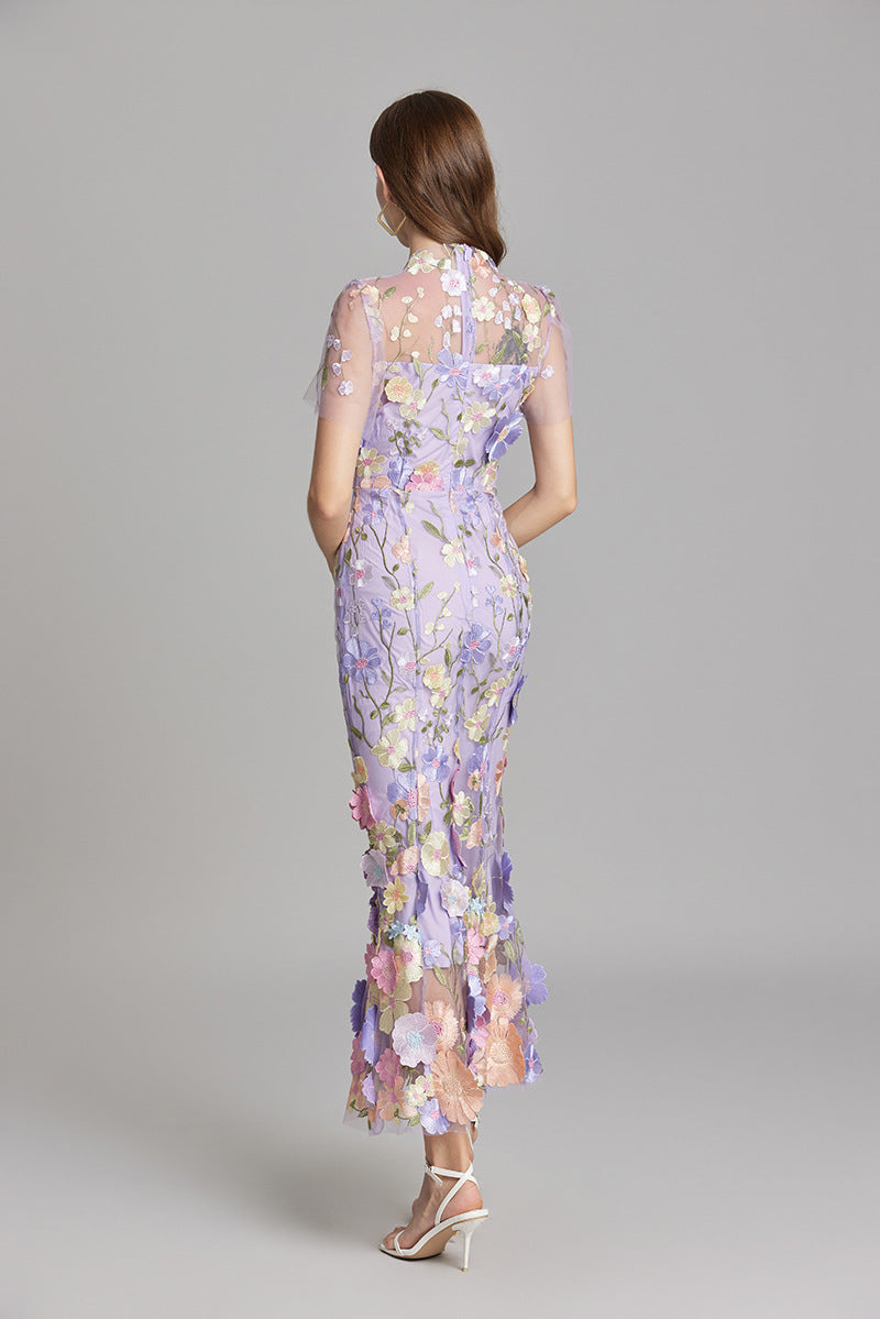 Women's Floral Midi Dress - 3D Applique High Neck Short Sleeve