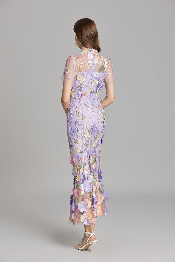Women's Floral Midi Dress - 3D Applique High Neck Short Sleeve