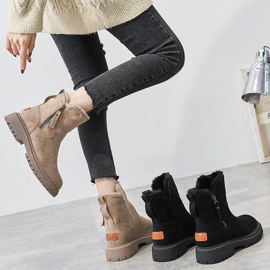 Women's Ankle Boots - Slip-On Platform Boot with Fleece Lining and Side Zip
