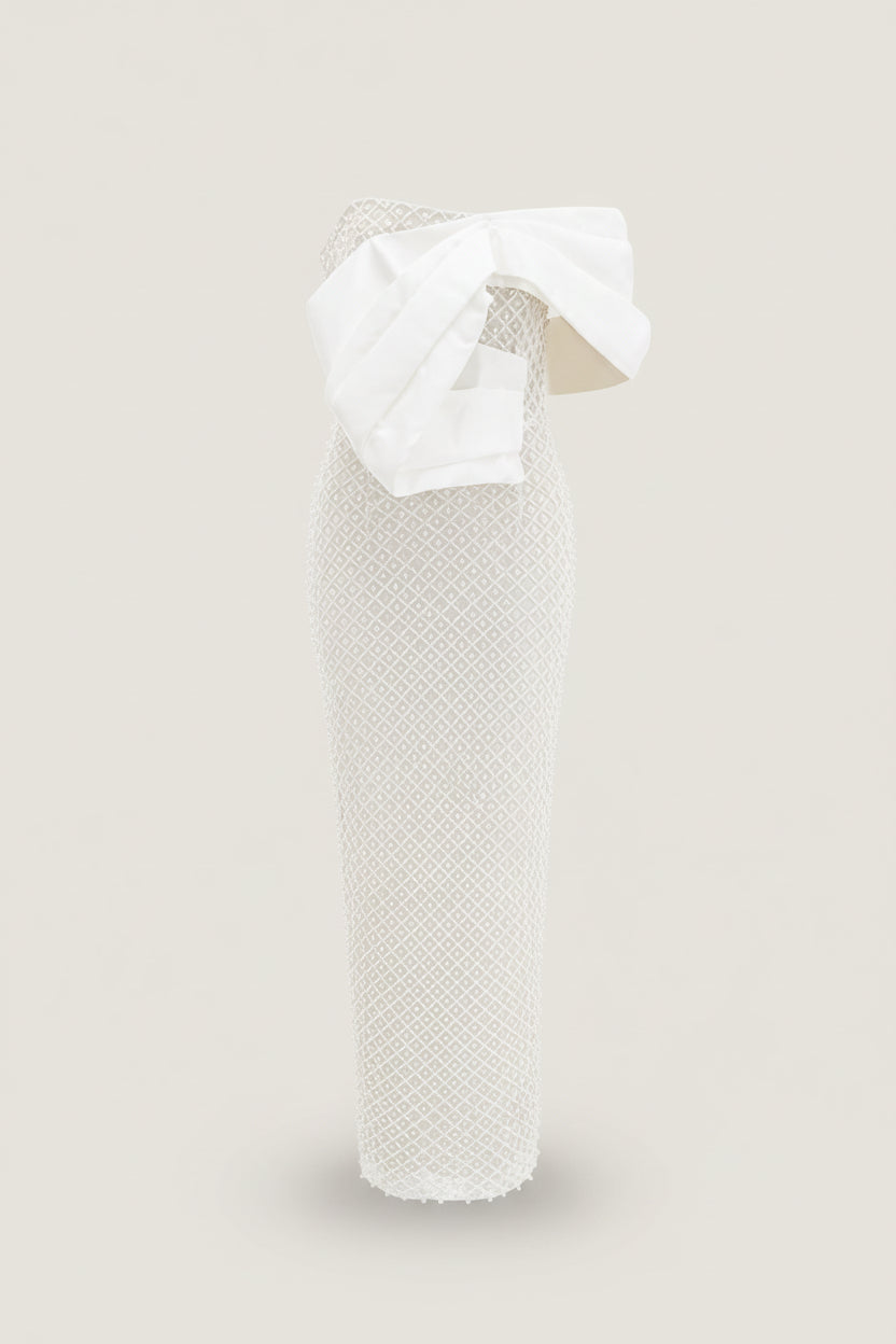Women's White Strapless Pearl Embellished Maxi Dress - Bow Detail - Back Split