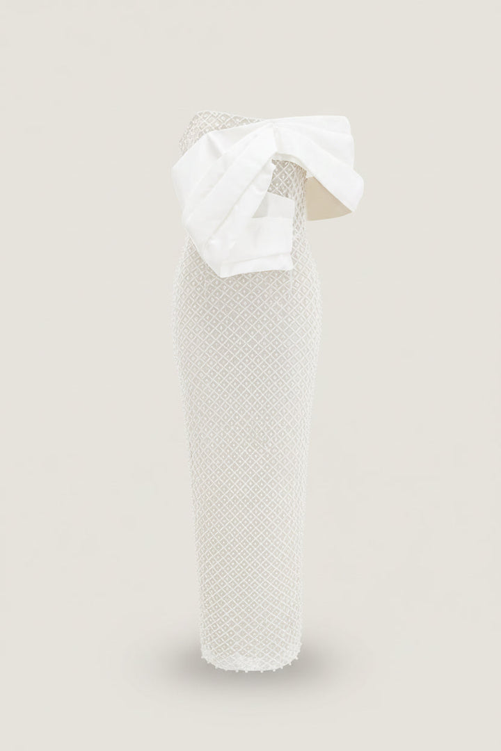 Women's White Strapless Pearl Embellished Maxi Dress - Bow Detail - Back Split
