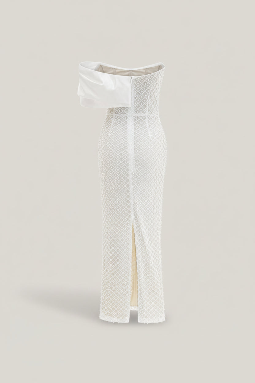 Women's White Strapless Pearl Embellished Maxi Dress - Bow Detail - Back Split