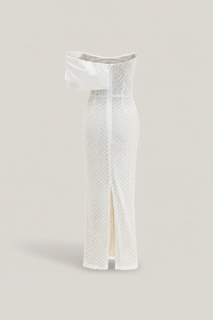 Women's White Strapless Pearl Embellished Maxi Dress - Bow Detail - Back Split