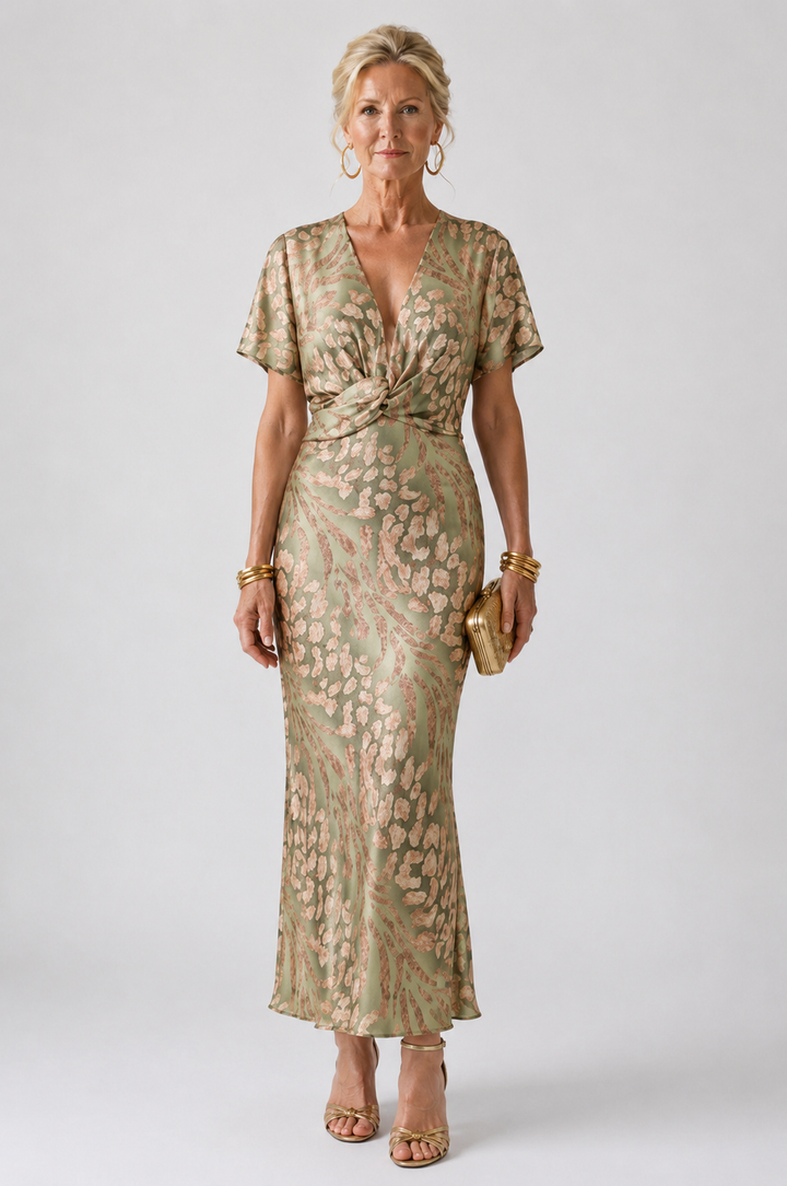 Stella & Grace™ | Abstract V-Neck Midi Dress with Twist Waist