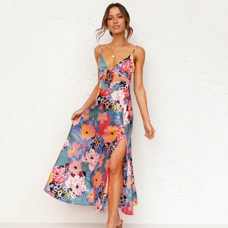 Women's Floral Tie-Front Cutout Spaghetti Strap Wedding Guest Maxi Dress