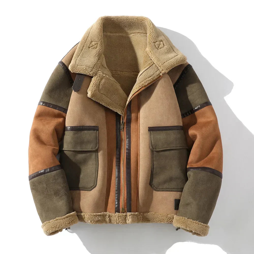 Men’s Shearling Jacket – Relaxed Fit Color Block Zip Front Coat with Patch Pockets