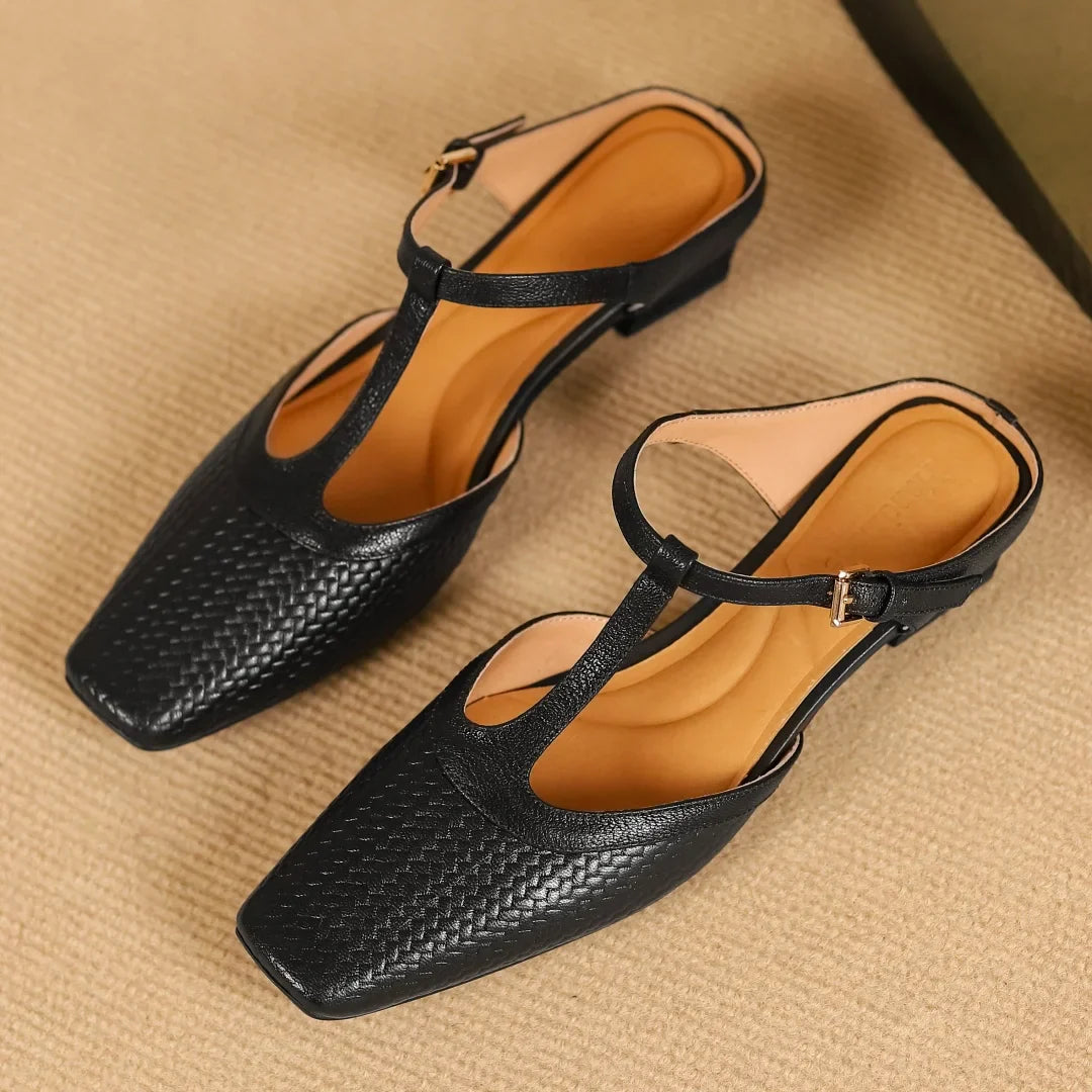 Women’s Square Toe T-Bar Sandals – Textured Upper with Block Heel