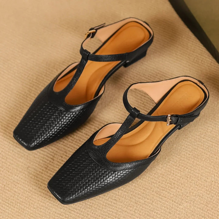 Women’s Square Toe T-Bar Sandals – Textured Upper with Block Heel