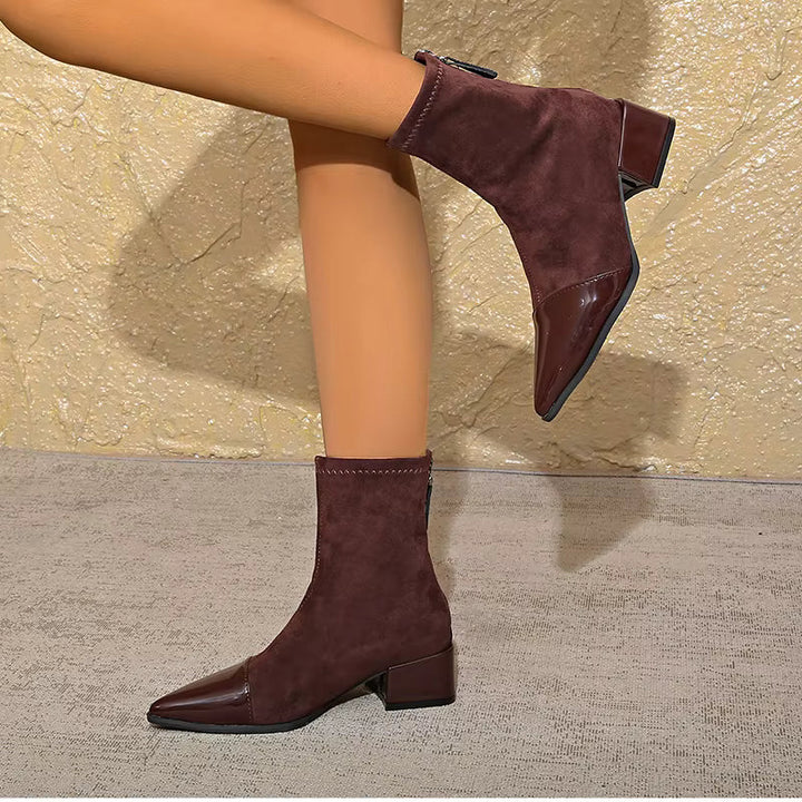 Women's Ankle Boots - Pointed Patent Toe Cap - Block Heel - Back Zip - Stretch Shaft