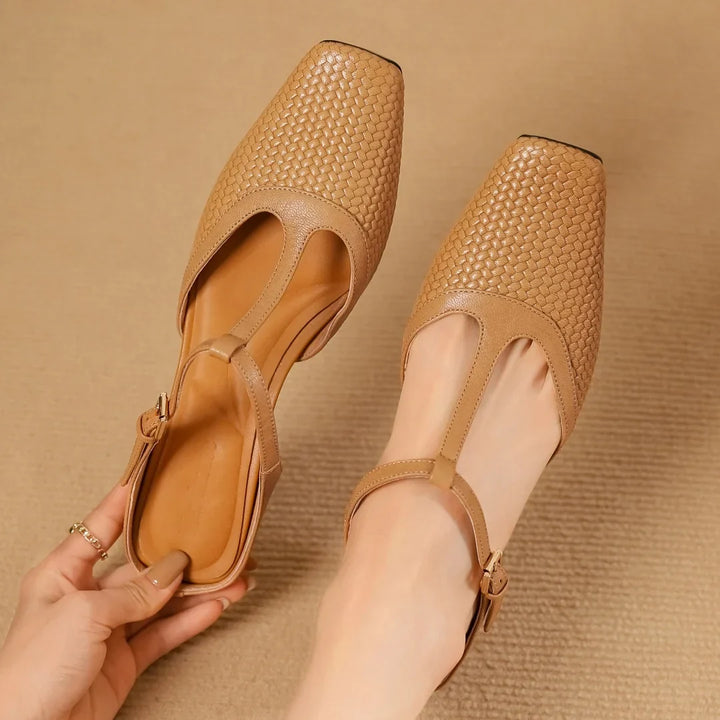 Women’s Square Toe T-Bar Sandals – Textured Upper with Block Heel