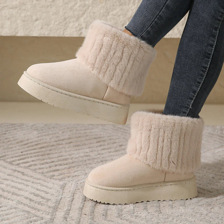 Women’s Faux Fur Ankle Boots with Round Toe and Thick Platform Sole