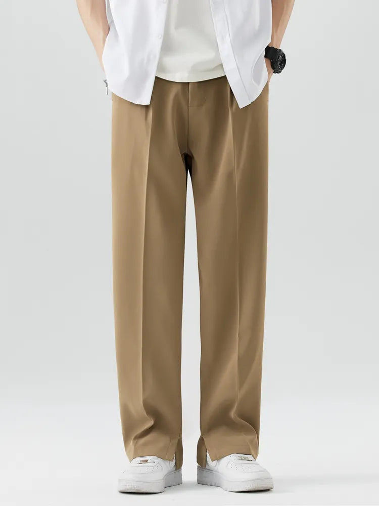 Men's Pleated Wide Leg Pants - Elasticated Waist Straight Cut