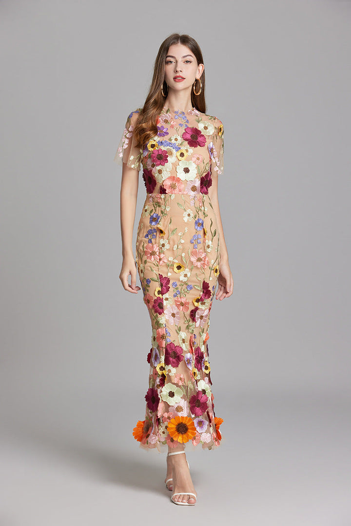 Women's Floral Midi Dress - 3D Applique High Neck Short Sleeve