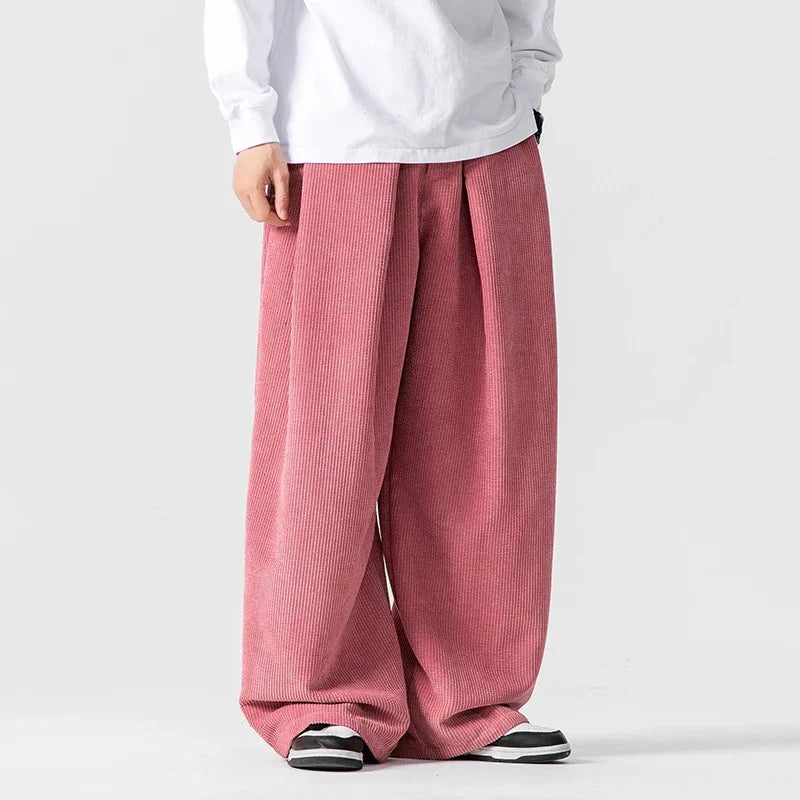 Men's Wide Leg Pants - Pleated Elasticated Waist with Button Closure