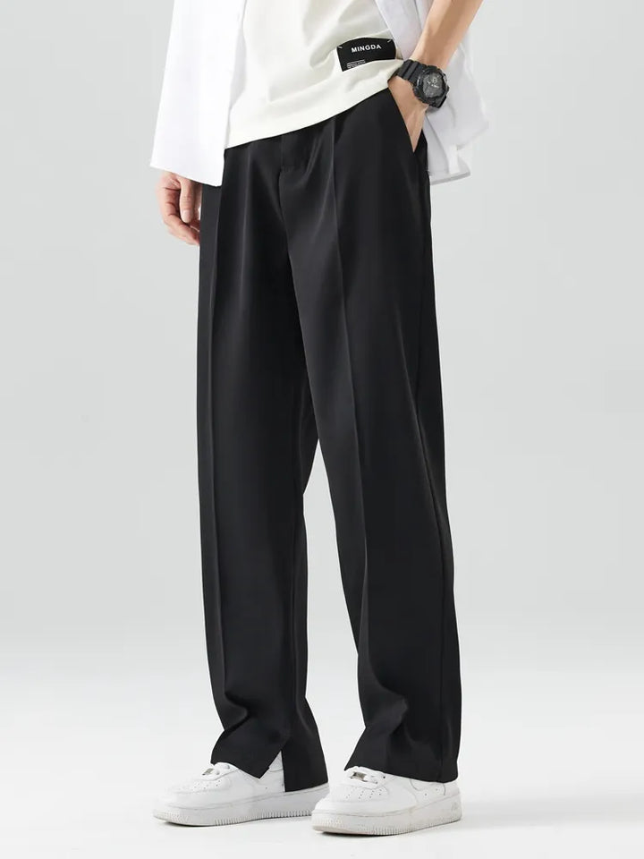 Men's Pleated Wide Leg Pants - Elasticated Waist Straight Cut