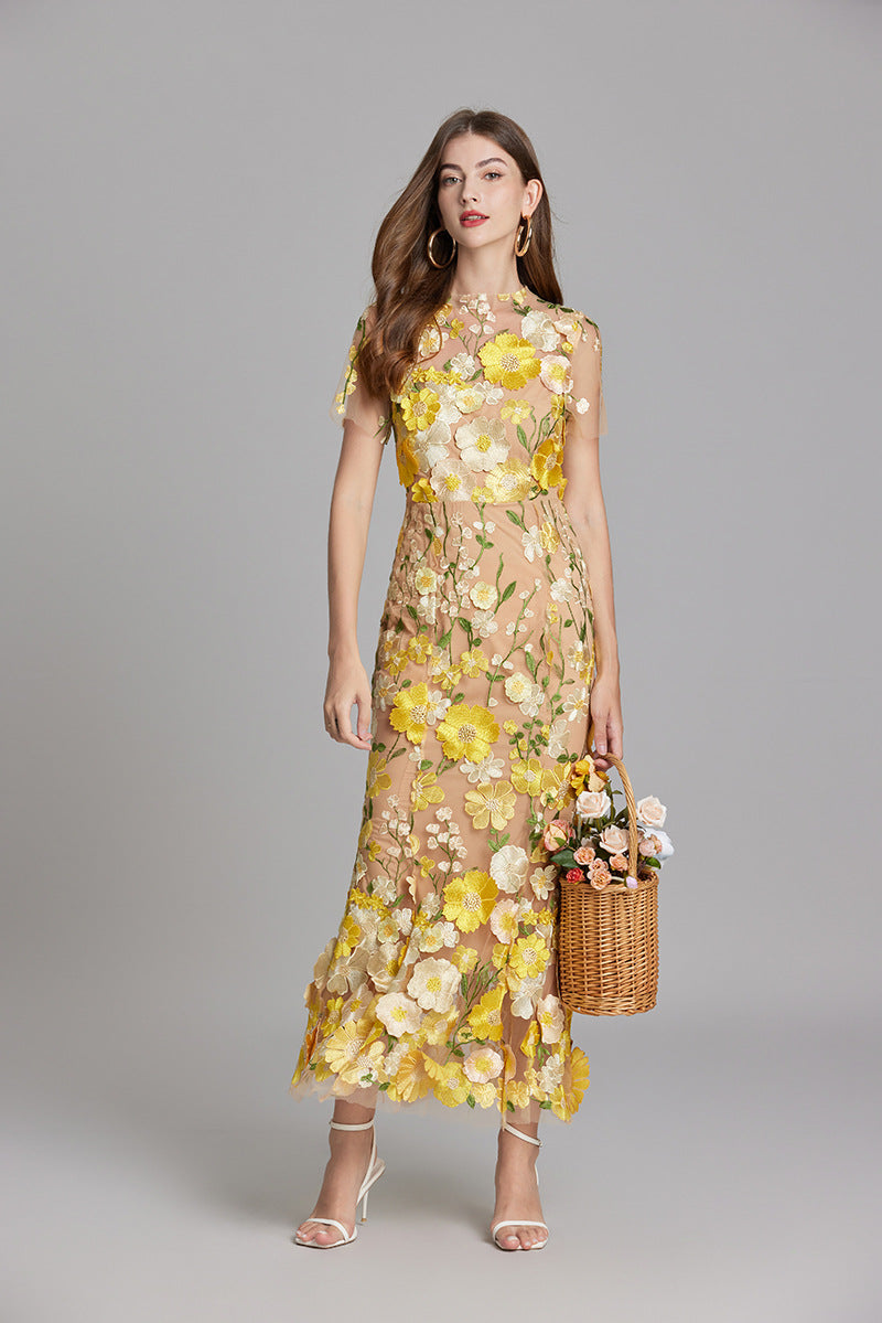 Women's Floral Midi Dress - 3D Applique High Neck Short Sleeve