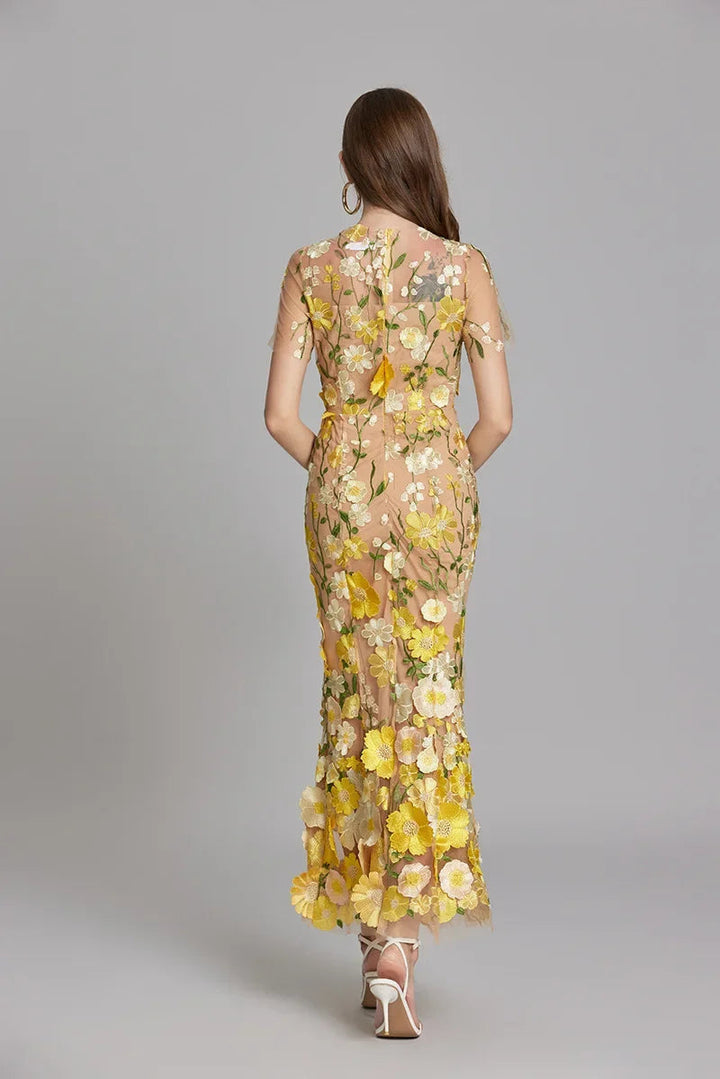 Women's Floral Midi Dress - 3D Applique High Neck Short Sleeve