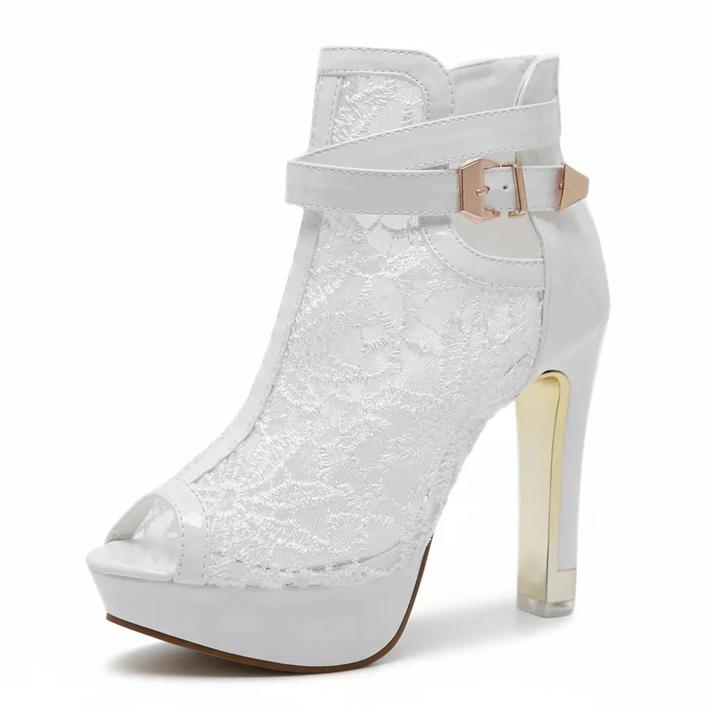 Women’s Lace Mesh Platform Heels with Peep Toe and Ankle Strap Buckle