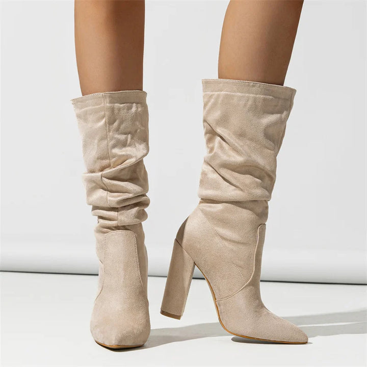 Women’s Knee High Pointed Toe Boots with Chunky Block Heel and Ruched Shaft