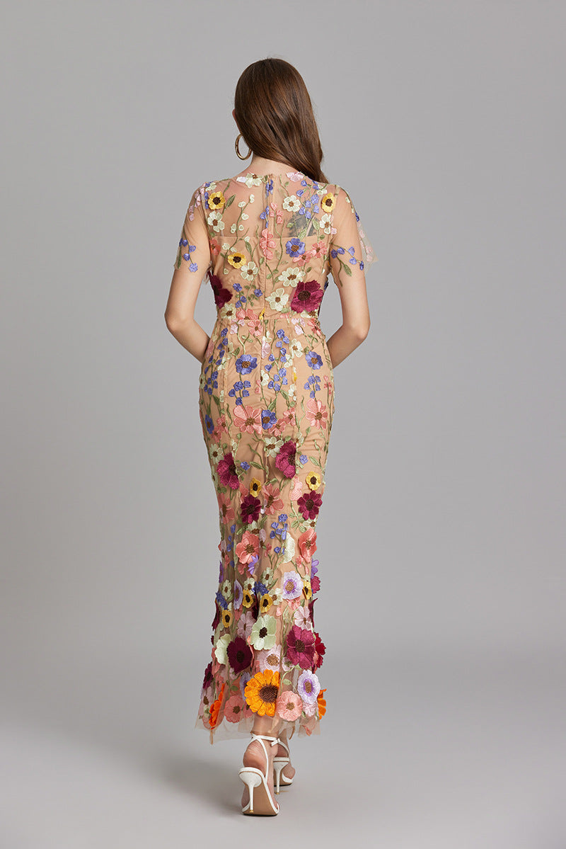 Women's Floral Midi Dress - 3D Applique High Neck Short Sleeve