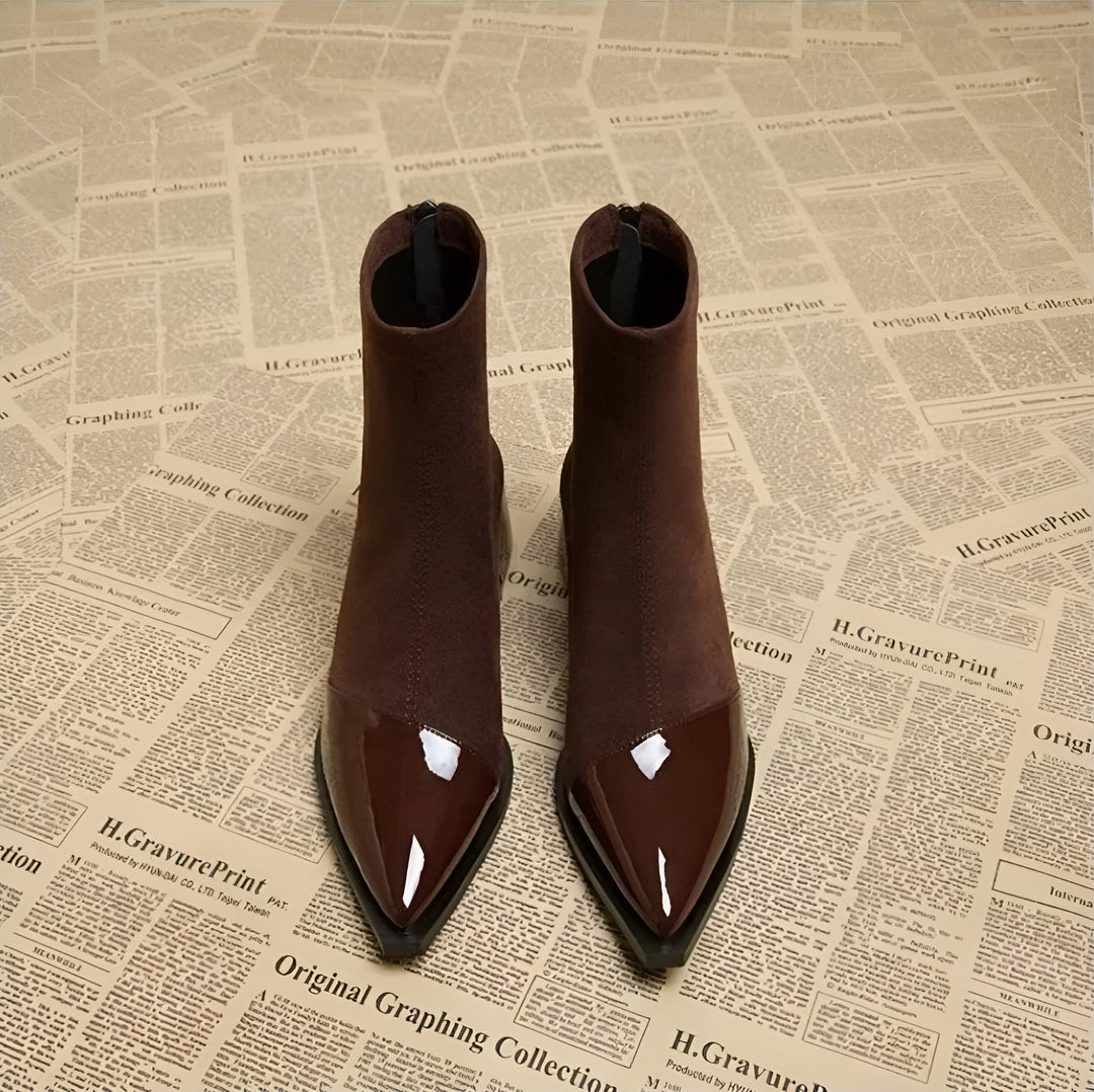 Women's Ankle Boots - Pointed Patent Toe Cap - Block Heel - Back Zip - Stretch Shaft