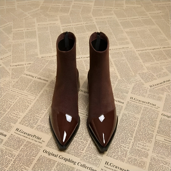 Women's Ankle Boots - Pointed Patent Toe Cap - Block Heel - Back Zip - Stretch Shaft