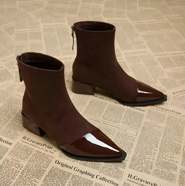 Women's Ankle Boots - Pointed Patent Toe Cap - Block Heel - Back Zip - Stretch Shaft