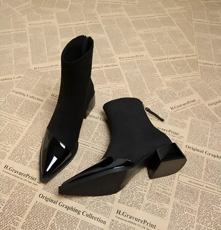 Women's Ankle Boots - Pointed Patent Toe Cap - Block Heel - Back Zip - Stretch Shaft