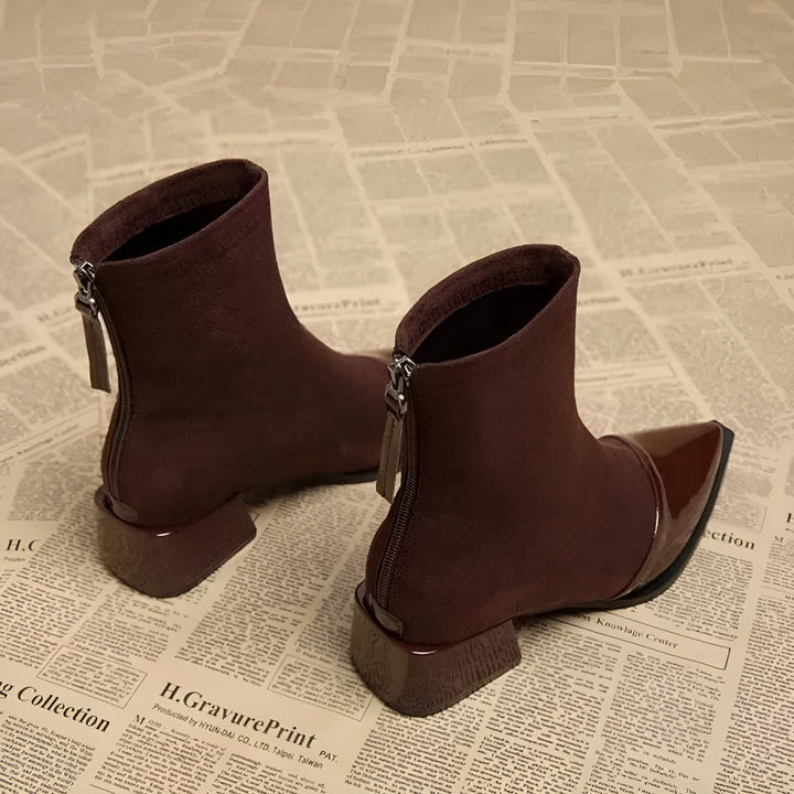 Women's Ankle Boots - Pointed Patent Toe Cap - Block Heel - Back Zip - Stretch Shaft