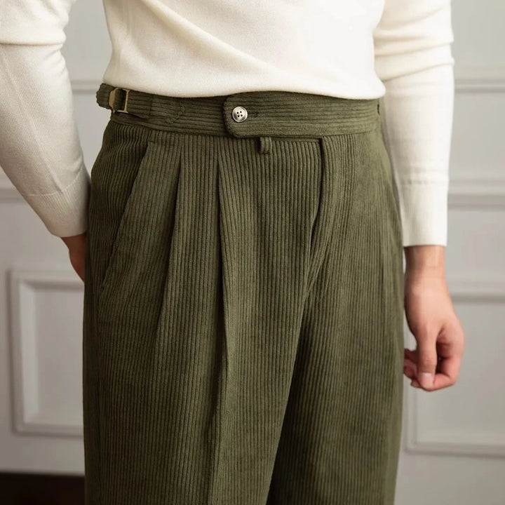 Men's Corduroy Pleated Pants - High Rise - Side Adjusters - Cuffed Hem
