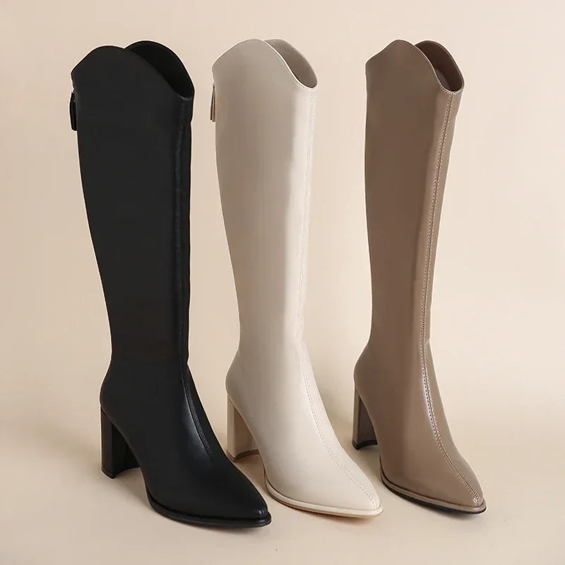 Women’s Pointed Toe Knee-High Boots – Block Heel Tall Silhouette