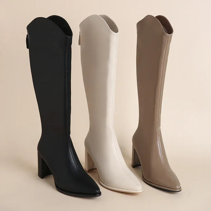 Women’s Pointed Toe Knee-High Boots – Block Heel Tall Silhouette