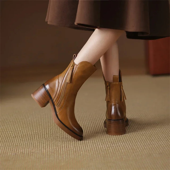 Women's Ankle Boots - Round Toe - Side Zip - Tassel Pull - Stacked Block Heel - Platform Sole