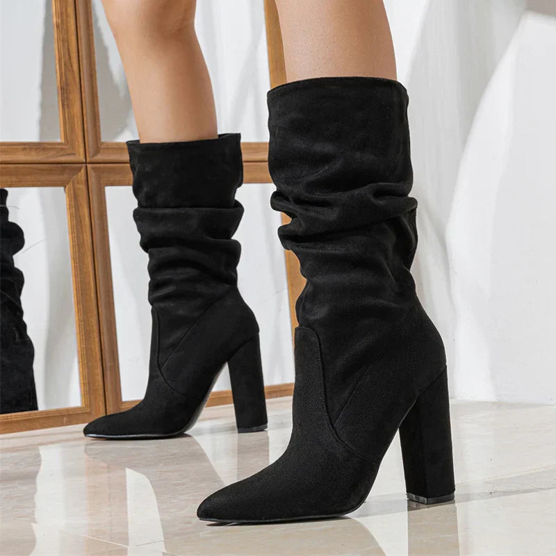Women’s Knee High Pointed Toe Boots with Chunky Block Heel and Ruched Shaft