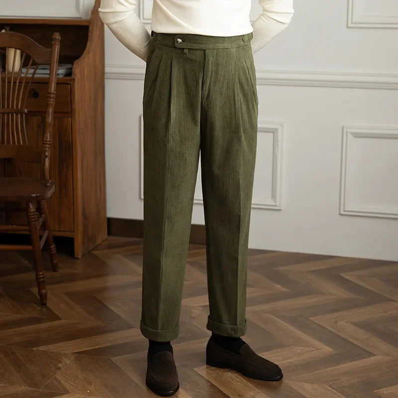 Men's Corduroy Pleated Pants - High Rise - Side Adjusters - Cuffed Hem