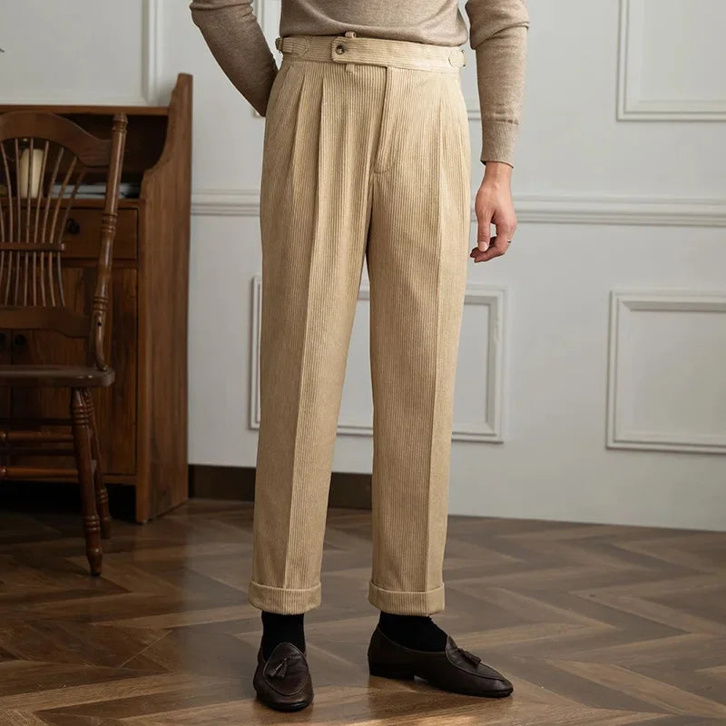 Men's Corduroy Pleated Pants - High Rise - Side Adjusters - Cuffed Hem
