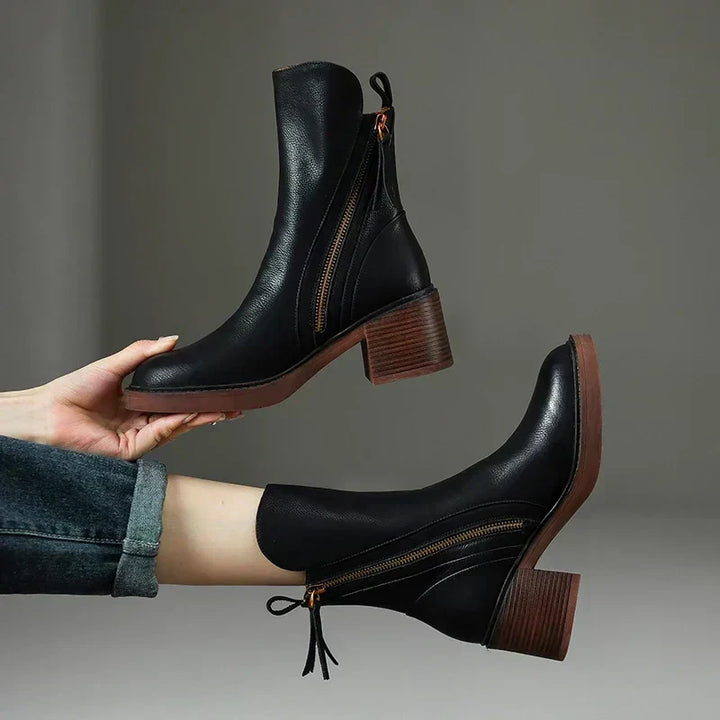 Women's Ankle Boots - Round Toe - Side Zip - Tassel Pull - Stacked Block Heel - Platform Sole