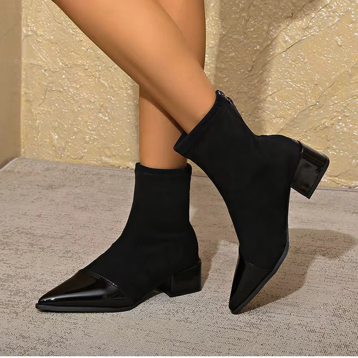 Women's Ankle Boots - Pointed Patent Toe Cap - Block Heel - Back Zip - Stretch Shaft