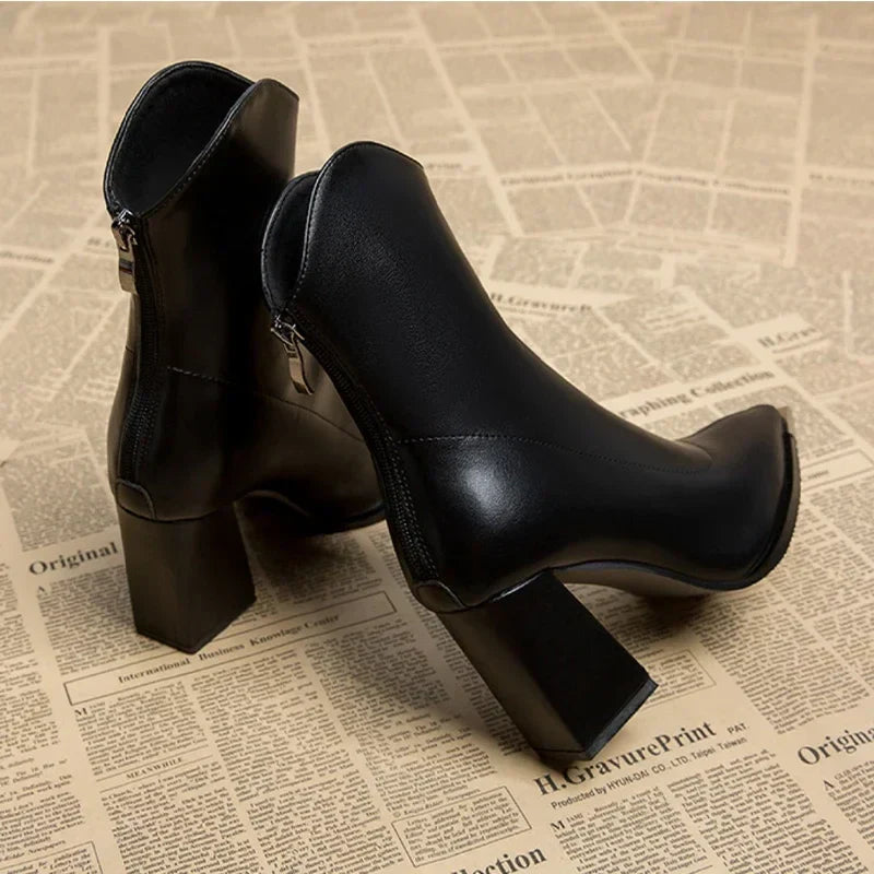 Women’s Pointed Toe Ankle Boots with Side Zip Closure and Block Heel