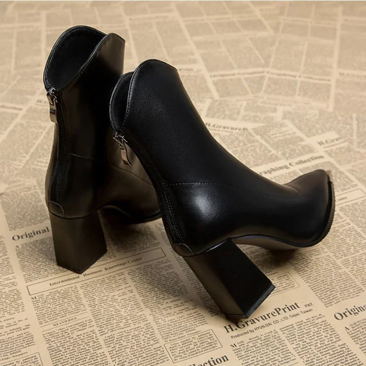 Women’s Pointed Toe Ankle Boots with Side Zip Closure and Block Heel