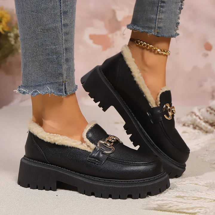 Women’s Platform Loafers – Chunky Sole Slip On Shoes with Chain Detail and Sherpa Lining