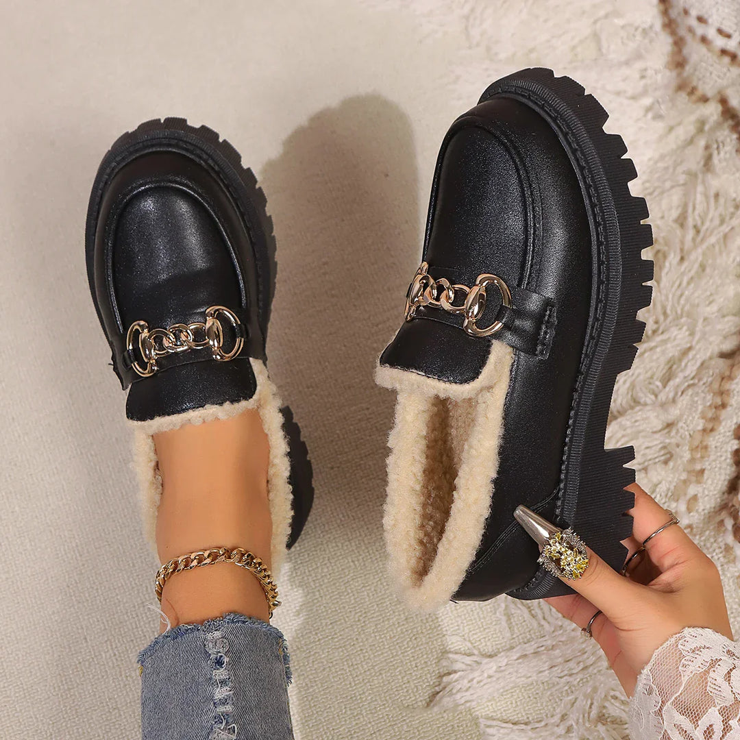 Women’s Platform Loafers – Chunky Sole Slip On Shoes with Chain Detail and Sherpa Lining
