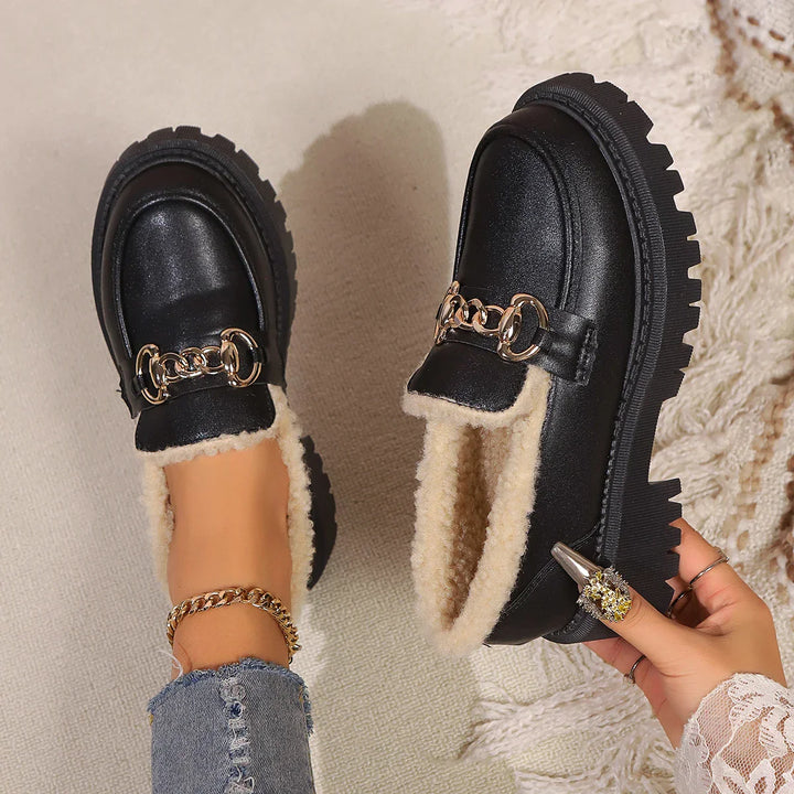 Women’s Platform Loafers – Chunky Sole Slip On Shoes with Chain Detail and Sherpa Lining