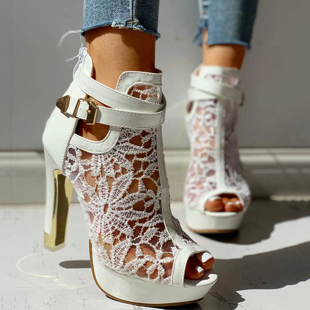 Women’s Lace Mesh Platform Heels with Peep Toe and Ankle Strap Buckle