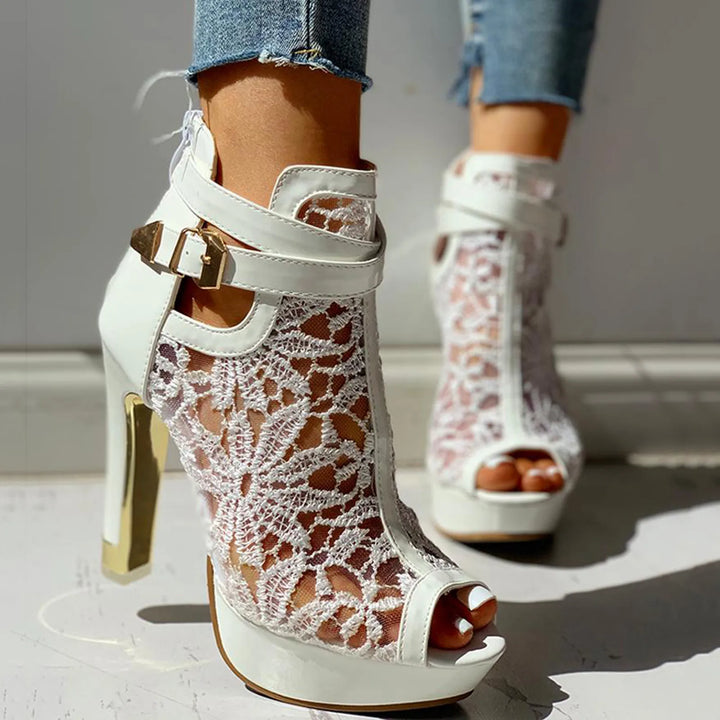 Women’s Lace Mesh Platform Heels with Peep Toe and Ankle Strap Buckle