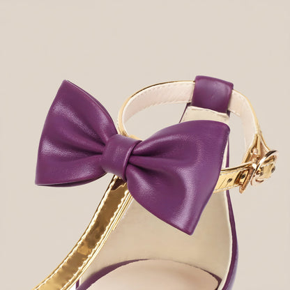 Women’s Pointed Toe Stiletto Heels – Bow T-Strap with Gold Cap Detail
