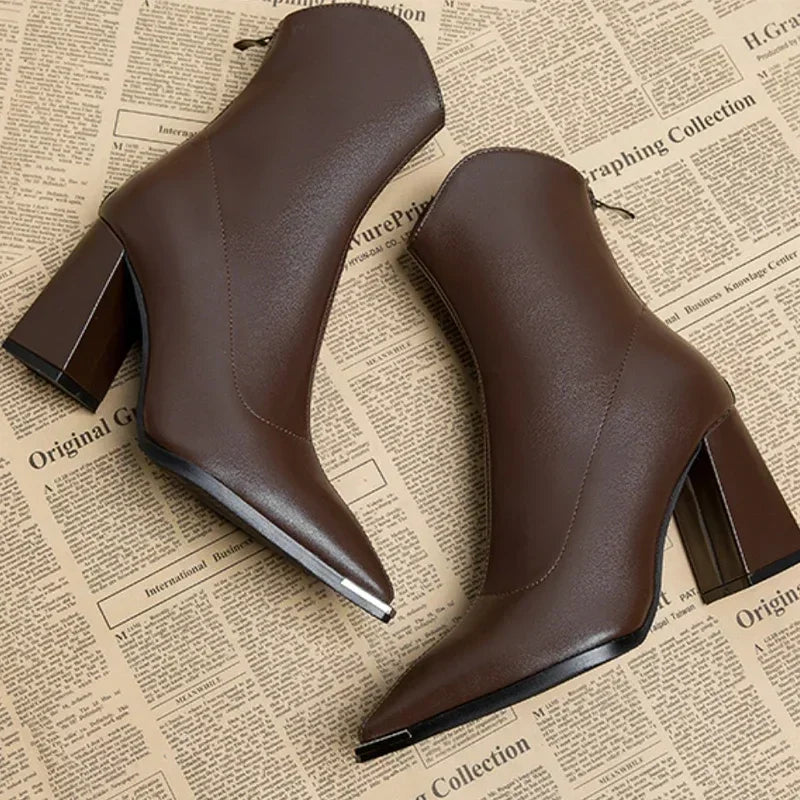 Women’s Pointed Toe Ankle Boots with Side Zip Closure and Block Heel