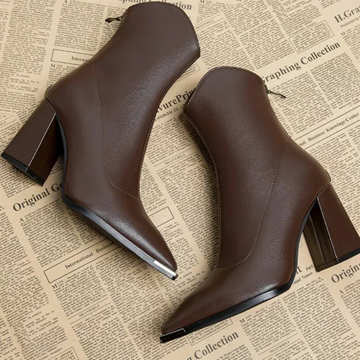 Women’s Pointed Toe Ankle Boots with Side Zip Closure and Block Heel