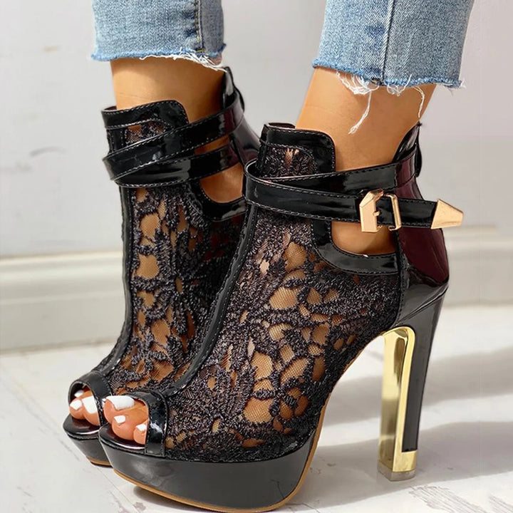 Women’s Lace Mesh Platform Heels with Peep Toe and Ankle Strap Buckle